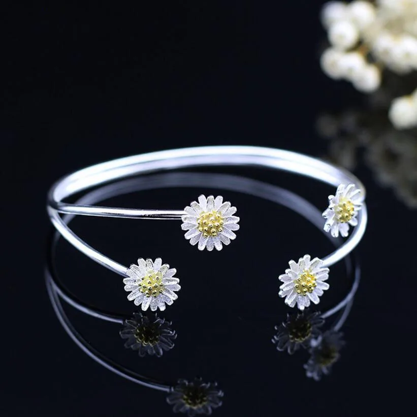 

anenjery Vintage 925 Sterling Silver Bangles For Women Gift Open Daisy Flower Bracelet Bangle S-B141