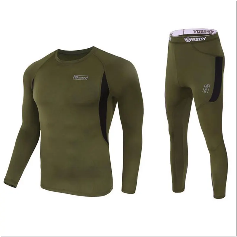 Быстро сохнущие костюмы Для Мужчин's Велоспорт дышащие; впитывающие пот; одежда из флиса Лыжный Спорт Длинные рукава, длинные штаны быстросохнущие одежда - Цвет: Army green