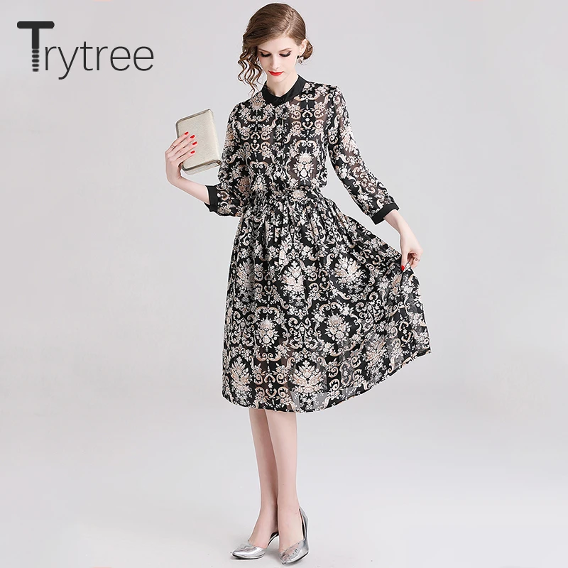 Trytree летнее элегантное платье с принтом для женщин, полиэстер, шелковистые черные платья до колена, ТРАПЕЦИЕВИДНОЕ ПЛАТЬЕ с подолом, повседневные платья-футболки на пуговицах
