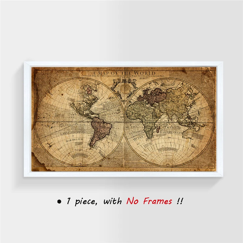 Vintage painting art deco MAP OF WORLD poster canvas framed