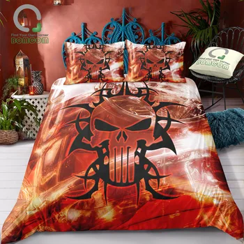 

BOMCOM 3D Digital Printing Duvet cover set Punisher red skull tattoo pattern fire Bedding Set 100% Microfiber