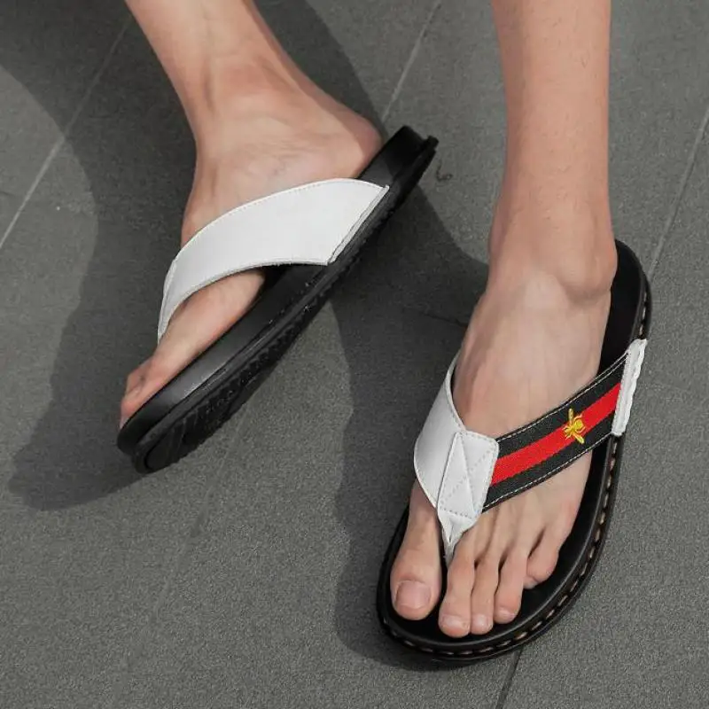 

High Quality Genuine Leather Brand Slippers Men Summer Beach Sandals Designer Flip Flops Breathable Waterproof Non-slip Slides