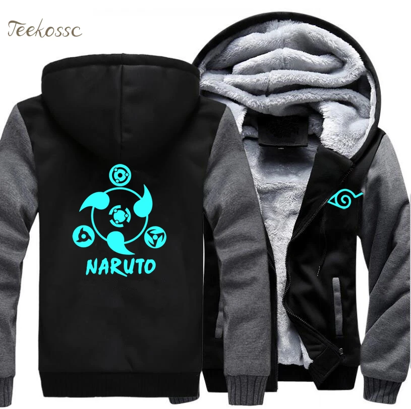 Japanese Anime Naruto Jackets Night Lights Luminous Men 2018 Winter Warm Mens Sweatshirt Zipper High Quality Hoodies Hoodie Coat