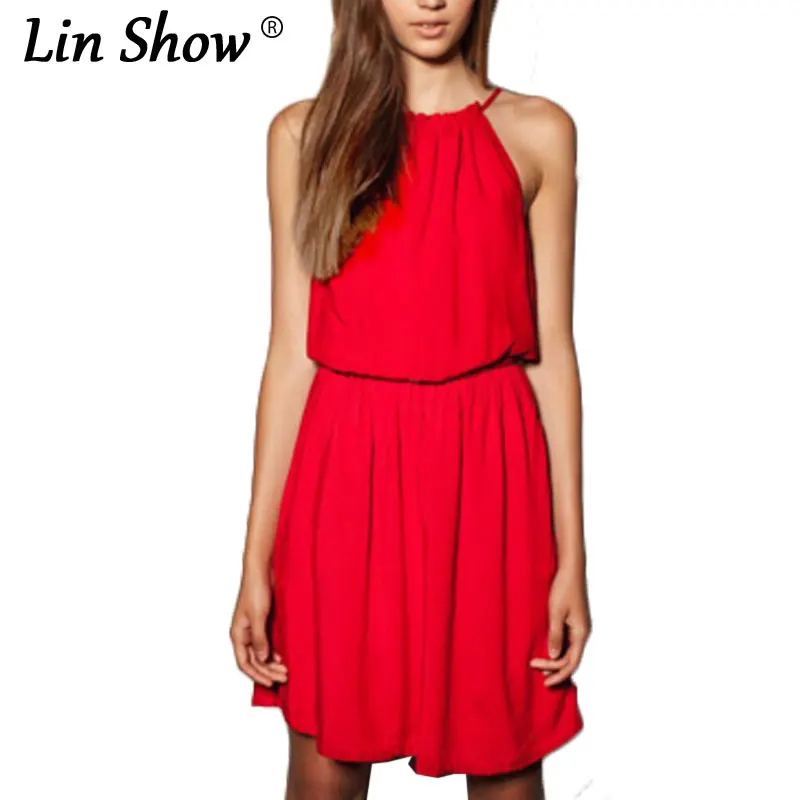 LINSHOW Solid Red Halter Women Sling Dresses Sleeveless Pleated Sexy