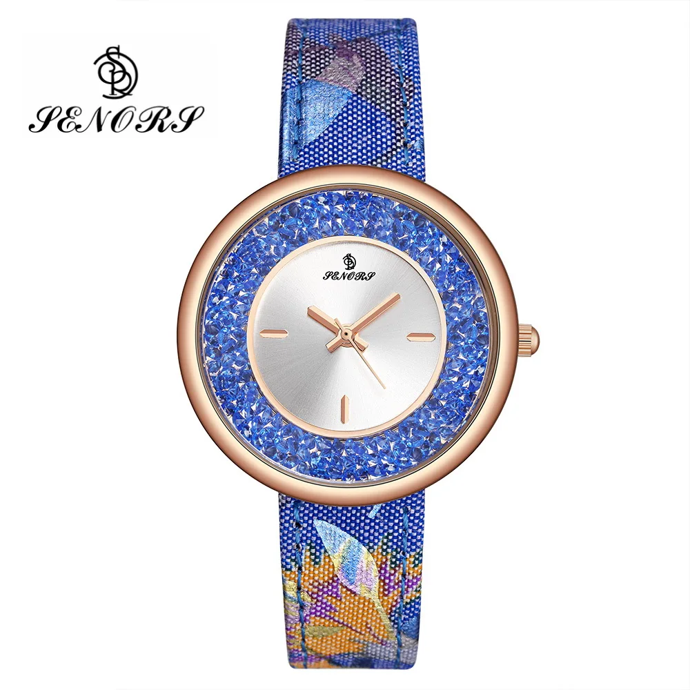 

SENORS Simple Women Quartz Watches Canvas Band 16mm Rhinestone Dial Elegant Blue CZ Watch Waterproof Ladies Wristwatches SN073