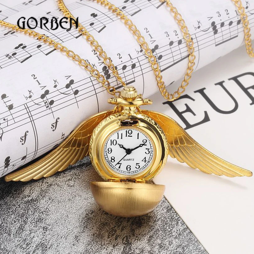 

Harry Potter Golden Snitch Pocket Watch Gift Box Luxury Wings Ball Vintage fob Necklace With Chain Pendant Relogio De Bolso