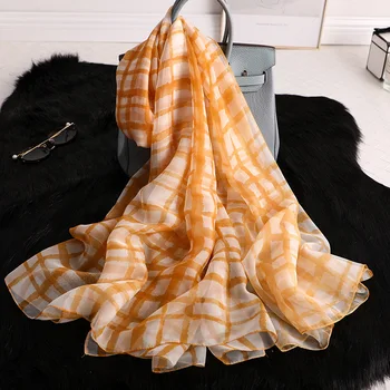

Designer scarf women luxury 2019 Spring new silk scarf actress plaid British checked summer sea border towel shawl beach towel