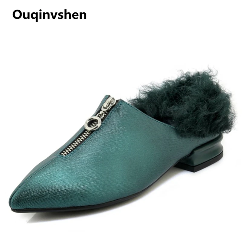 

Ouqinvshen Zipper Mules Shoes Women Pointed Toe Black Fashion Plush Casual Autumn Leather Shoes Women Fur Flats Slipper Women