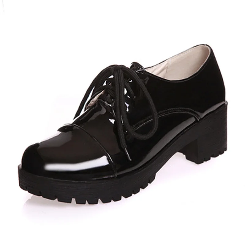Женская обувь на платформе толстый каблук; Туфли-оксфорды для Для женщин лакированная кожа обувь на толстой резине Повседневное оксфорды Весенние туфли-лодочки женская обувь красного цвета - Цвет: Black J94
