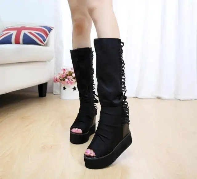Printemps Plate Wsh358 De Bout Top Ouvert Femmes forme Bottes Chaussures Automne Genou Cales Dames Peep Toe Haute Pour rSgwrvq