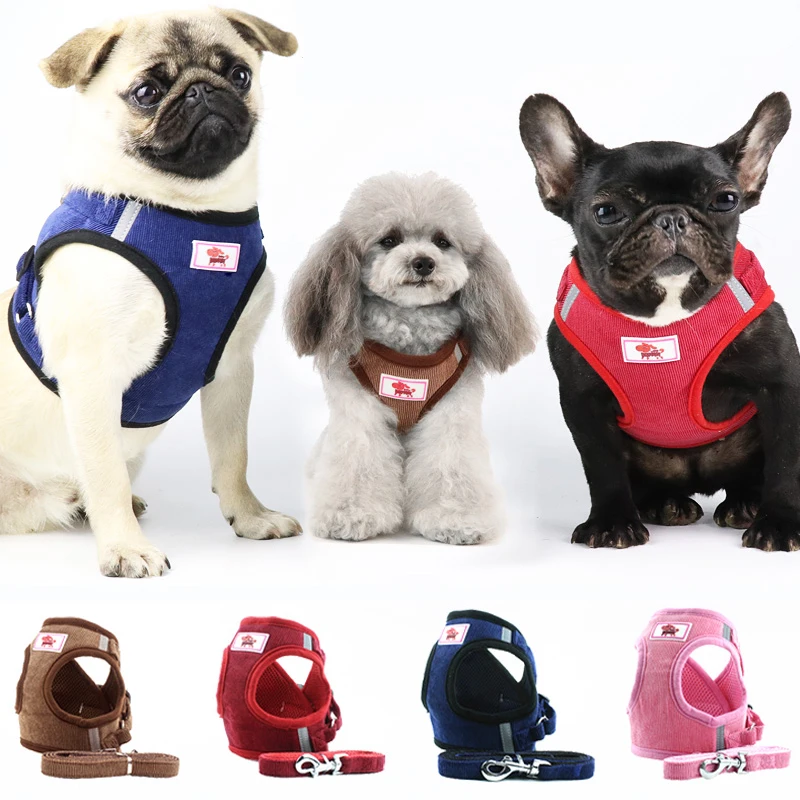 

Corduroy French Bulldog Sphinx Harness Leash Set Reflective Windproof Pet Dog Vest Harness for Small Medium Dogs Puppy Cat Lead