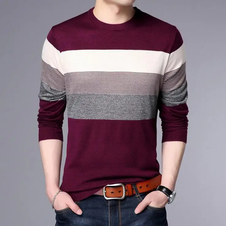Весенне-осенний модный брендовый Повседневный свитер с круглым вырезом, облегающий вязаный мужской свитер и полосатые вязаные пуловеры для мужчин M-3XL - Цвет: K02