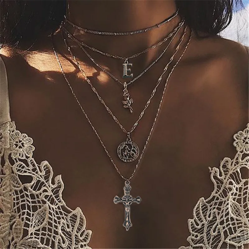

Stylish 2019 Layered Rose Cross Pendant Necklace Set Boho Style Silver Letter E Coin Long Chain Necklace Women Christian Gifts