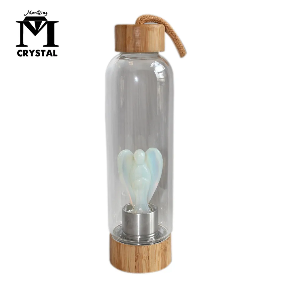 

Natural Crystal Water Bottle Portable Energy Healing Glass Cups opal angel energy stone Quartz Crystal Water Bamboo Cup