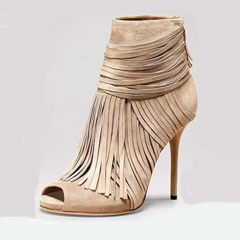 

Shoes Woman Charming Beige Suede Fringed Heels Ankle Boots Female Sexy Peep Toe Strappy Stiletto Sandal Booties Real Photos