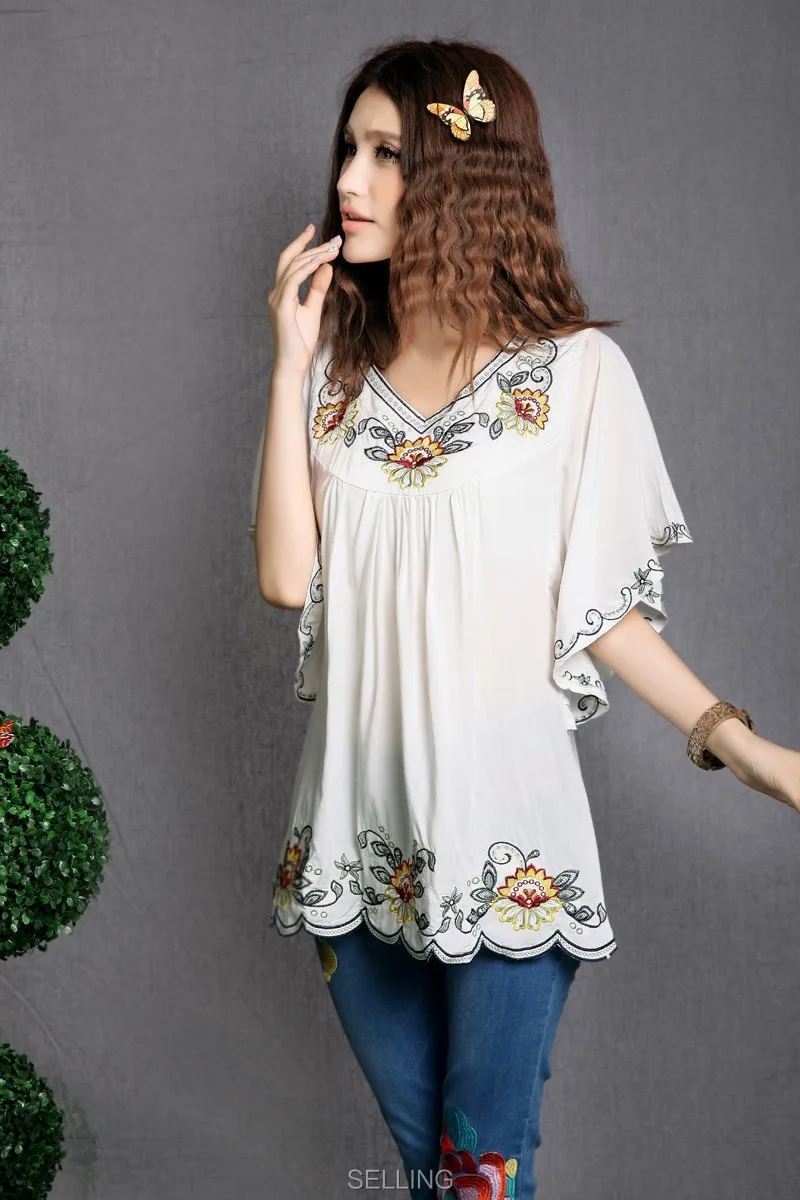 algodão feminino topos roupas vintage mexicano étnico floral bordado batwing solto casual boho túnica blusa blusa mujer