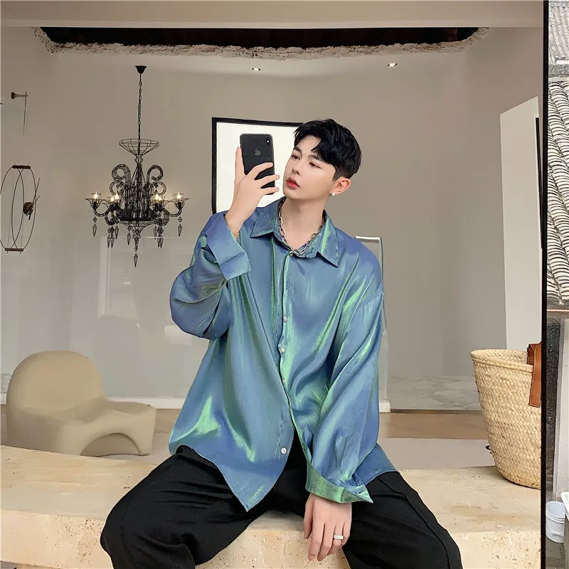 

2019 Men's Light Bright Colors Loose Shirt Literature Style Red/green Coats Lapel Collar High-quality Clothes Shirt Size M-2XL