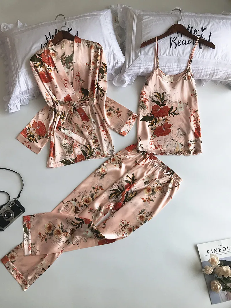 Новые женские пижамные комплекты из 3 предметов со штанами сексуальная пижама атласная ночная рубашка с цветочным принтом