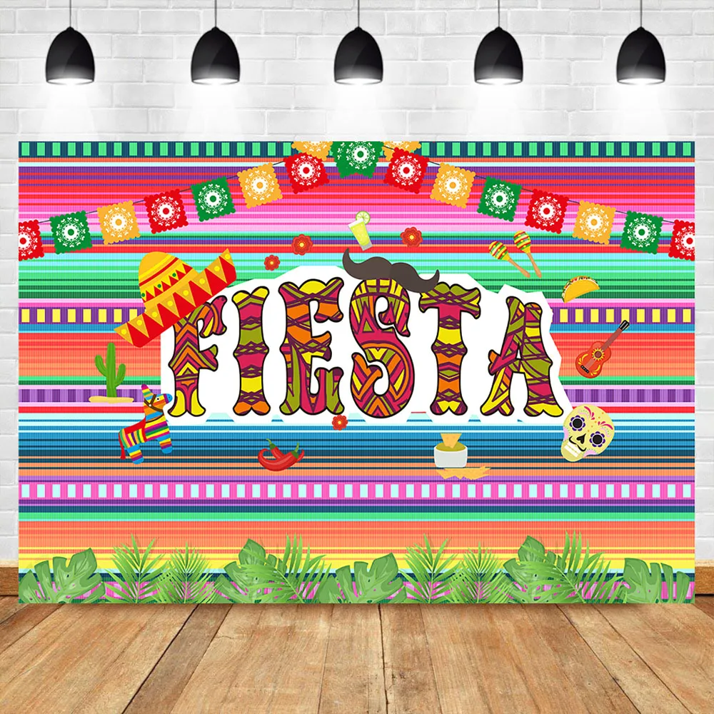 

Neoback Mexican Fiesta Happy Birthday Party Backdrop Color Flag Guitar Cactus Photography Backgrounds