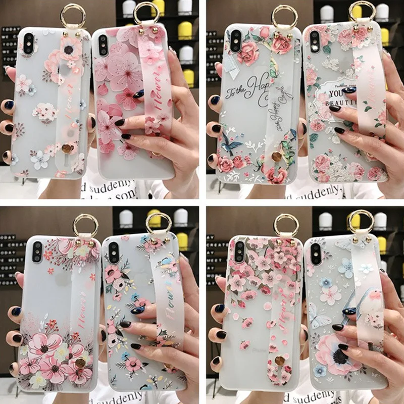

Flower Pattern Soft Silicone Wrist Strap Phone Holder Case For iphone X Xs max XR 6 6S plus Case Cover Coque For iPhone 7 8