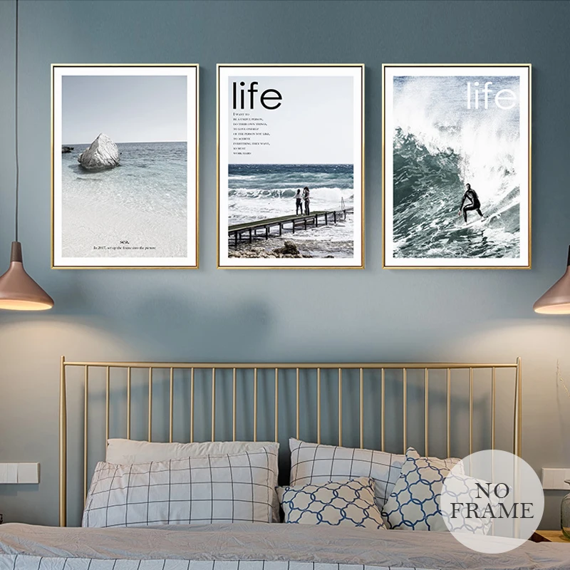 

Nordic Style Poster Surfing Canvas Painting Ocean Landscape Wall Art Pictures For Living Room Home Decor Triptych HD Printed
