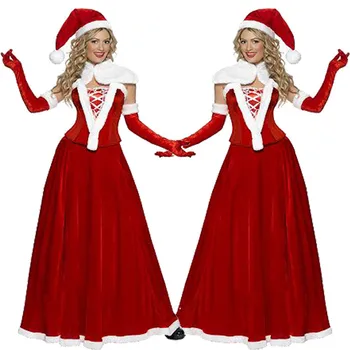 

New Arrival Christmas long Dress Women Christmas Costume For Adult Red Velvet Fur Dresses Hooded Female Santa Claus Costume
