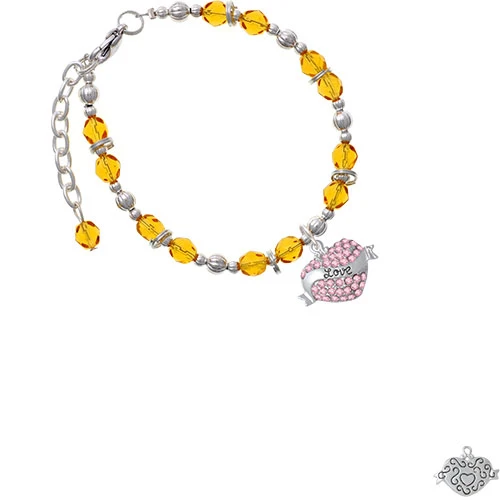 Silvertone Love Banner on Pink Crystal Heart Yellow Beaded Bracelet