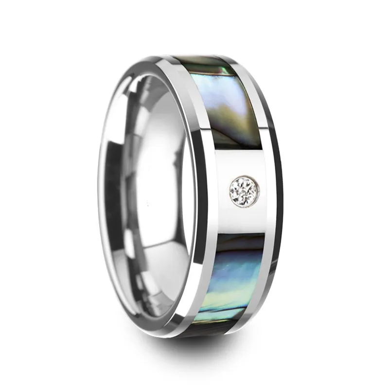 

SHARDON Mother of Pearl Inlay Tungsten Carbide Ring with Beveled Edges and White Cubic Zirconia - 8mm