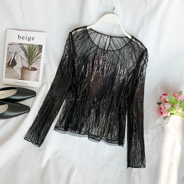 2019 Long Sleeve Women Bling Bling Blouses Sexy Hollow Out Sequined