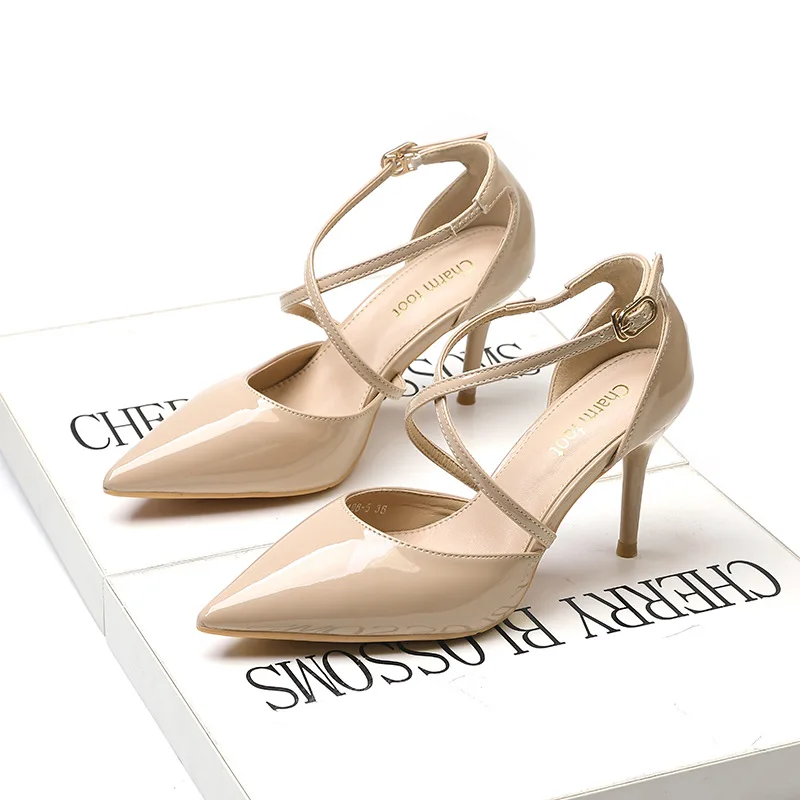 

New Style Korean Pointed Toe Women Single Shoes Hollow High Thin Heels Crossover Ankle Strap Shoes Sexy Patent Leather Sandals