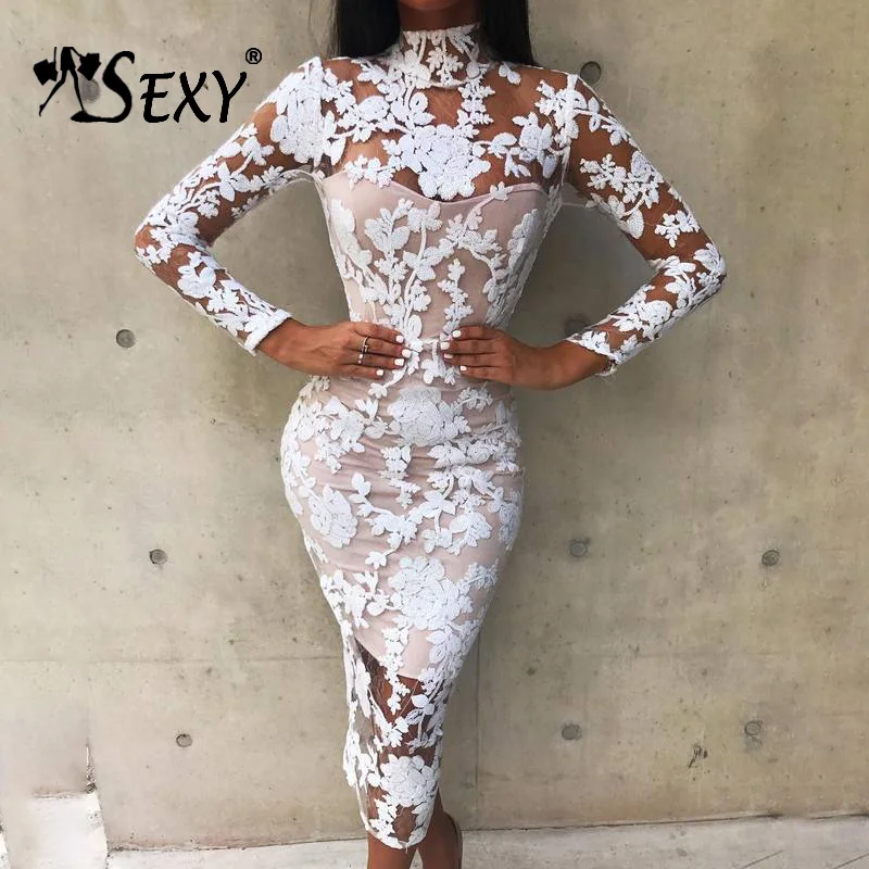 Gosexy Women White Lace Women Dress Long Sleeve Runway Celebrity Party Dress Sexy Hollow Out Midi Lace Club Dress Vestido Autumn