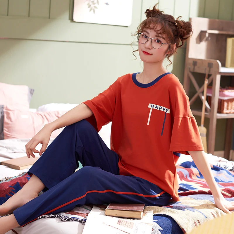 Summer Knitted Cotton Women Pajamas Set Short Tops+Long Pants Sleepwear Round Neck Big Size M-XXL Ladies Homewear Clothing Summer Knitted Cotton Women Pajamas Set Short Tops+Long Pants Sleepwear Round Neck Big Size M-XXL Ladies Homewear Clothing