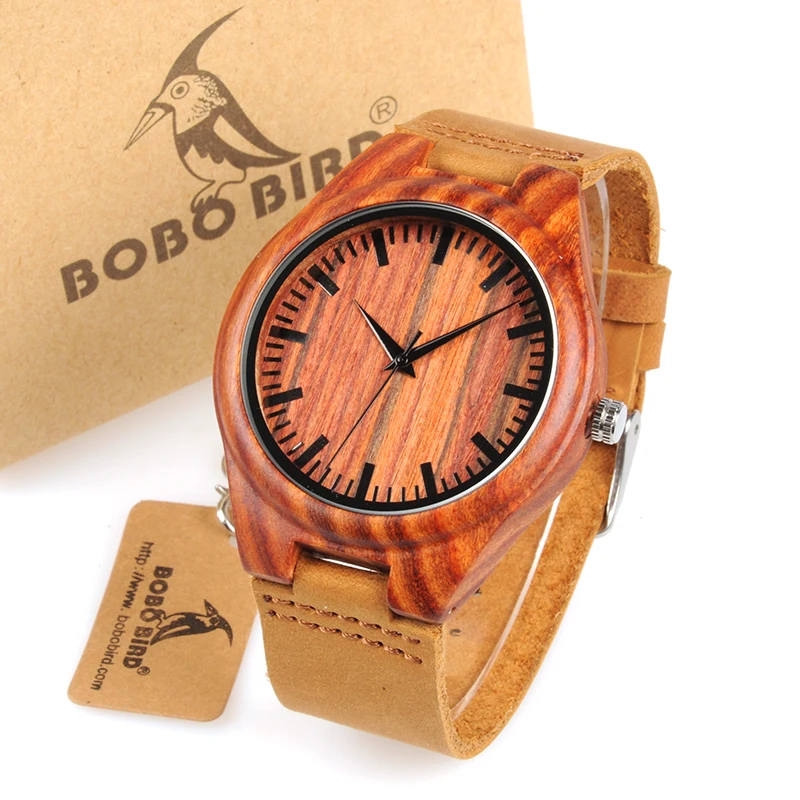 BOBO BIRD Men Watch Top Brand Design Red Wooden Mens Quartz Watches Genuine Leather Band Men's Gift Drop Shipping Accept Logo