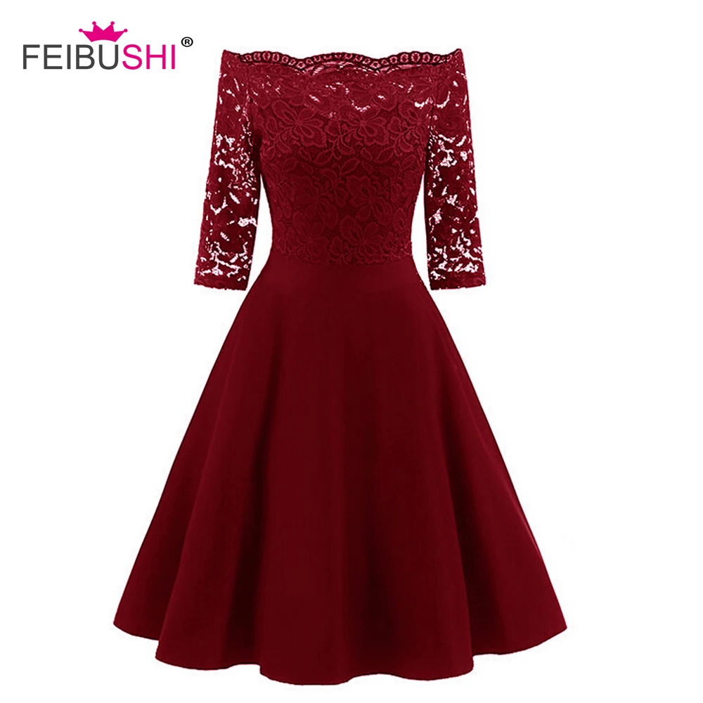 Robe Femme Embroidery Vintage Lace Dress Women Off Shoulder Dresses Patchwork Half Sleeve Casual Evening Party A Line Dress