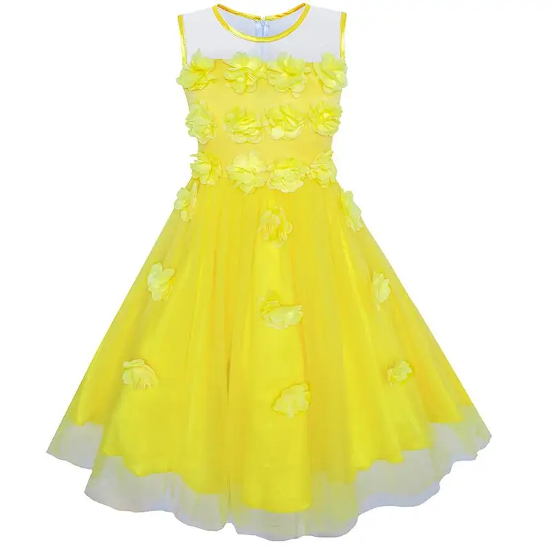 Girls Dress Yellow Dimensional Flower Bridesmaid Wedding 2020 Summer Princess Party Dresses Size 5-12 Carnival Vestidos | Детская одежда