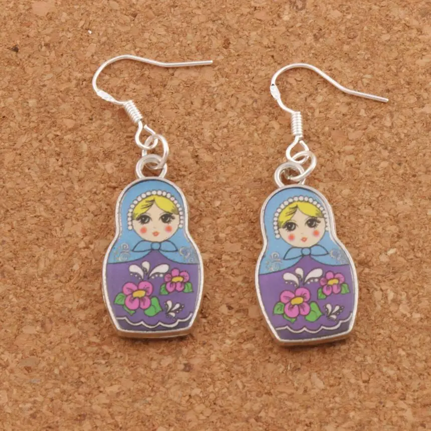 

Enamel Russian Doll Earrings 925 Silver Fish Ear Hook 4Colors 45X14mm Antique Silver Chandelier E1555