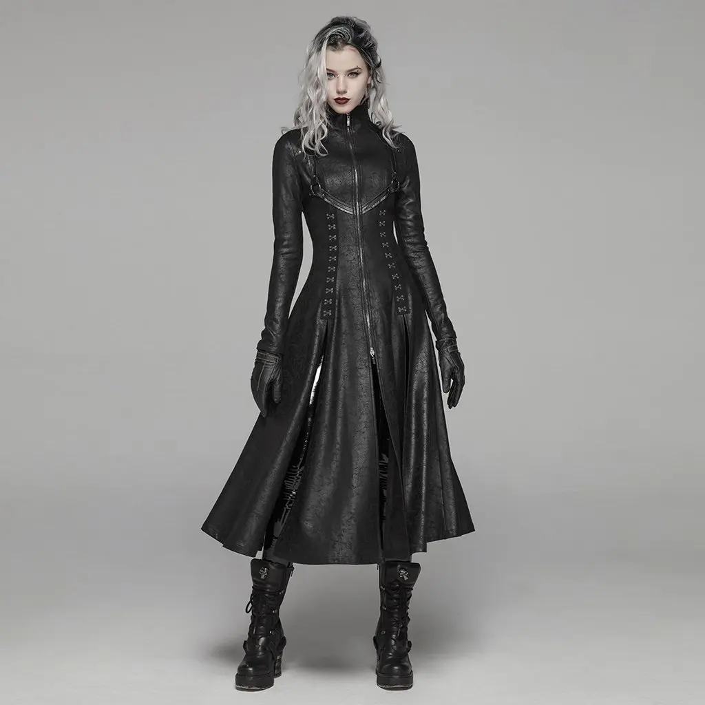 

PUNK RAVE Women Dark Punk Long Coat Retro Front Zipper Stand Collar Overcoat Punk Rock Stage Perform Women Long Trench Coat