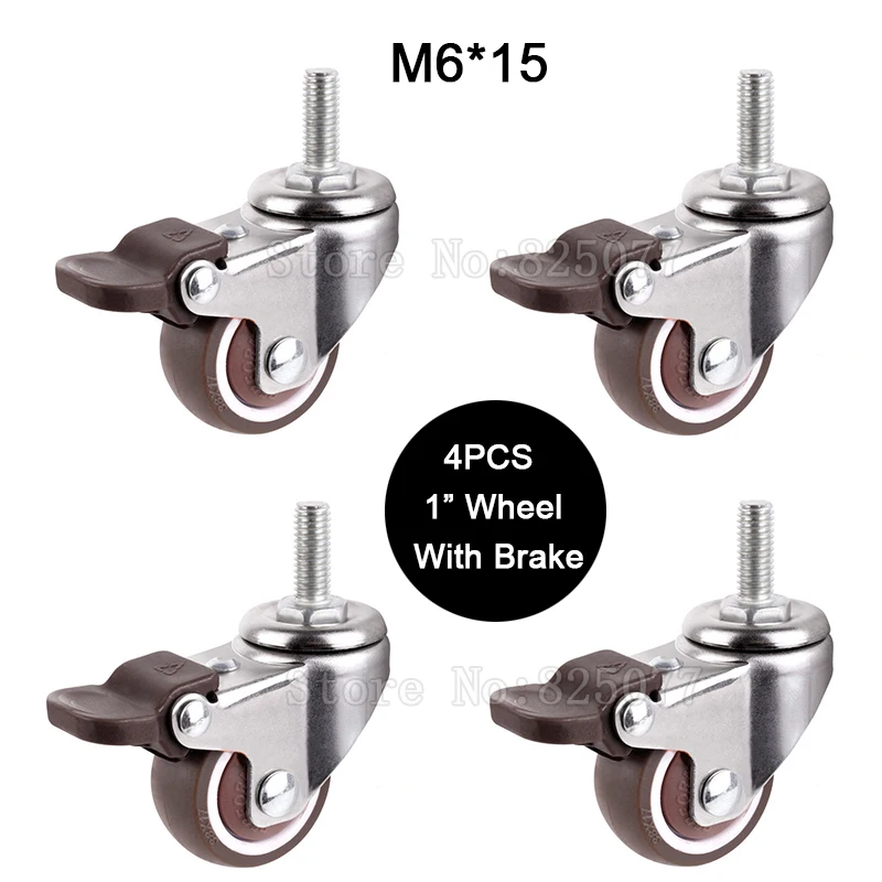 

4PCS 1Inch Universal Swivel Wheels Castors with Brake M6*15 Soft Rubber Super Mute Platform Trolley Chair Furniture Casters