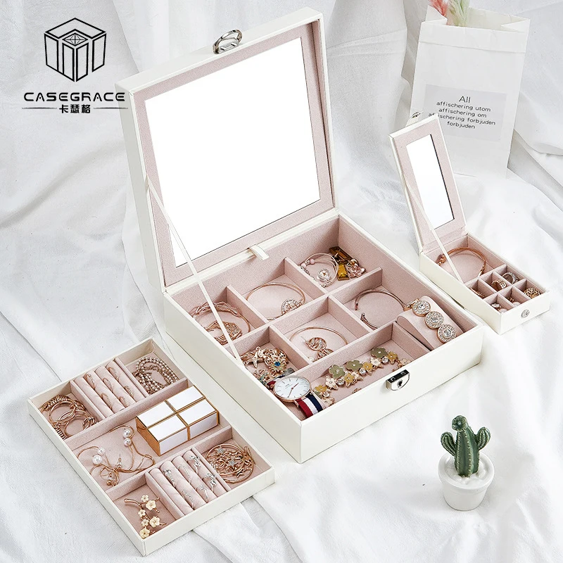 Casegrace New PU Leather Jewelry Storage Box for Jewelry Earring Ring Necklace Organizer Large Capacity Mirror Lock Case Joyeros