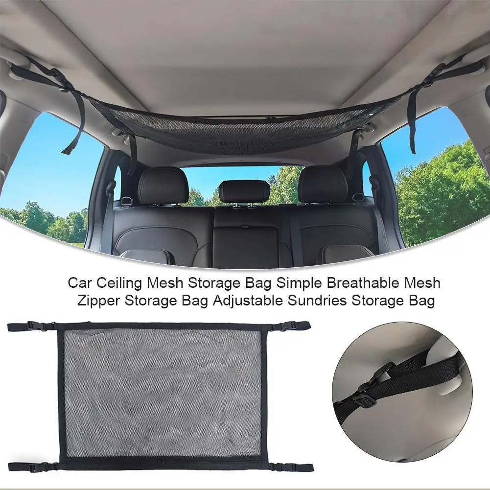 

Car Ceiling Mesh Storage Bag Simple Breathable Mesh Zipper Storage Bag Adjustable Sundries Storage Bag
