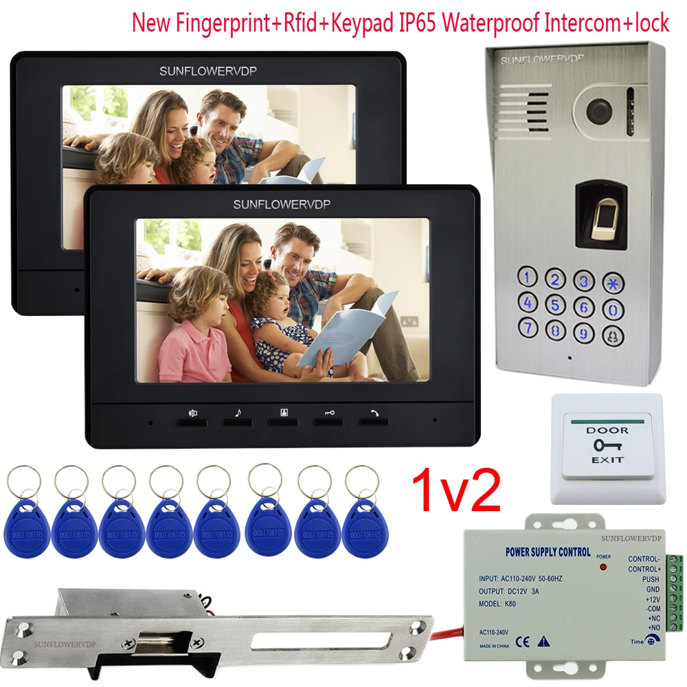 

IP65 Waterproof Intercom Video Intercoms Fingerprint Rfid Keypad 2 Units 7" Color Monitor Video-Eye+Electric Strike Door Lock