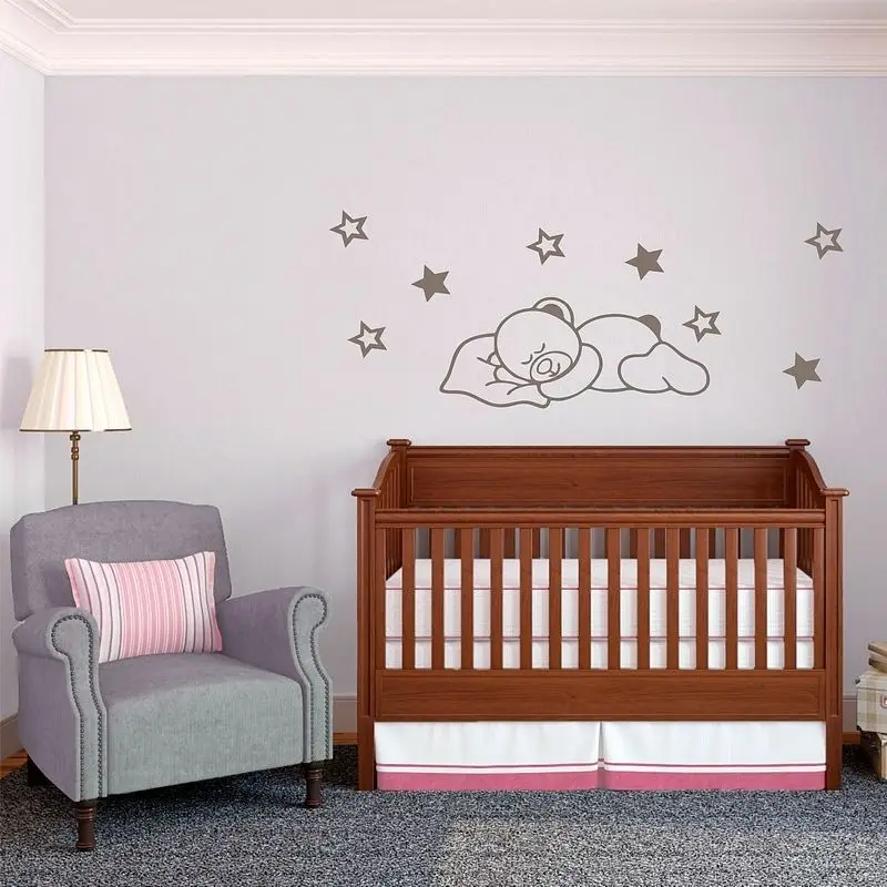 

Sleepy bear Stars Vinyl Wall Stickers Decor Nursery Baby Kids Room Cartoon Wall Decal Art Wallpaper High Quality Mural SA996