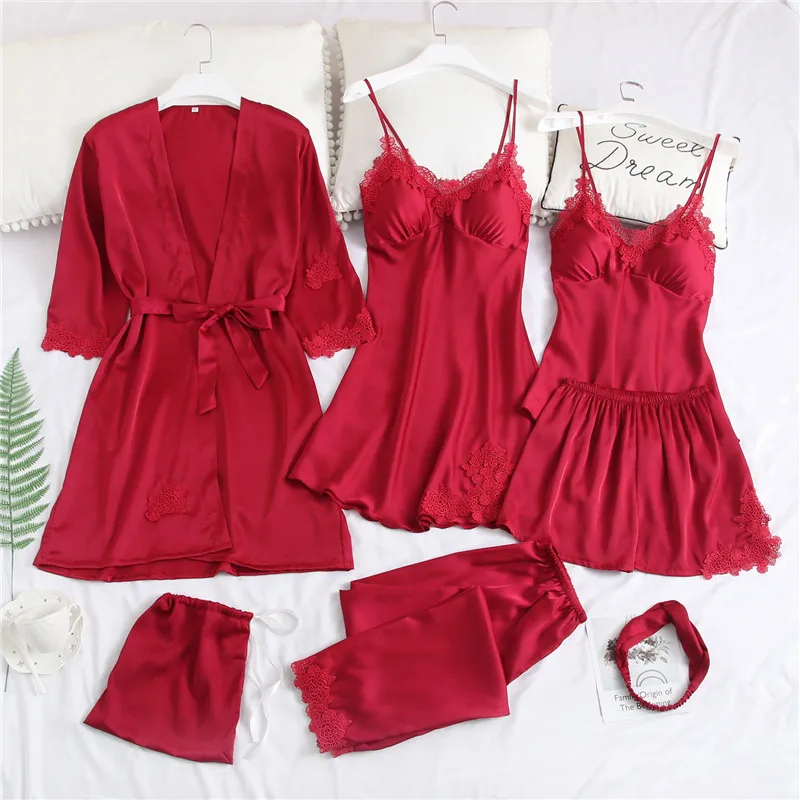 

Pajamas for women Sleepwear 7 pieces Pink Pyjama sets Sexy satin Silk Lace lingerie Home Clothing Suit With Pads sleepwear set