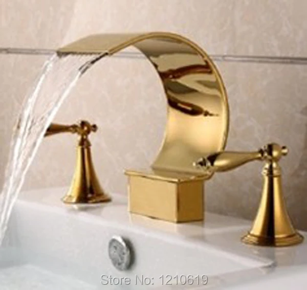 

Newly US Free Shipping Deck Mounted Luxury Golden Polished Bathroom Sink Basin Faucet Dual Handles Three Holes Mixer Tap