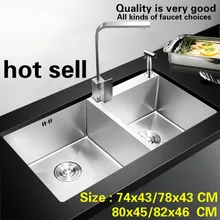Стандартная кухонная ручная раковина двойной паз мыть блюдо 304 нержавеющая сталь Горячая 74x43/78x43/80x45/82x46 см
