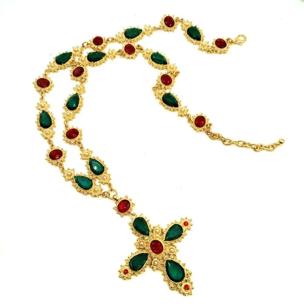 Винтажное ожерелье с крестом в стиле барокко для женщин, средневековая Золотая цепочка, ожерелье с драгоценными камнями, длинное ожерелье, золотое ожерелье, колье, ювелирное изделие
