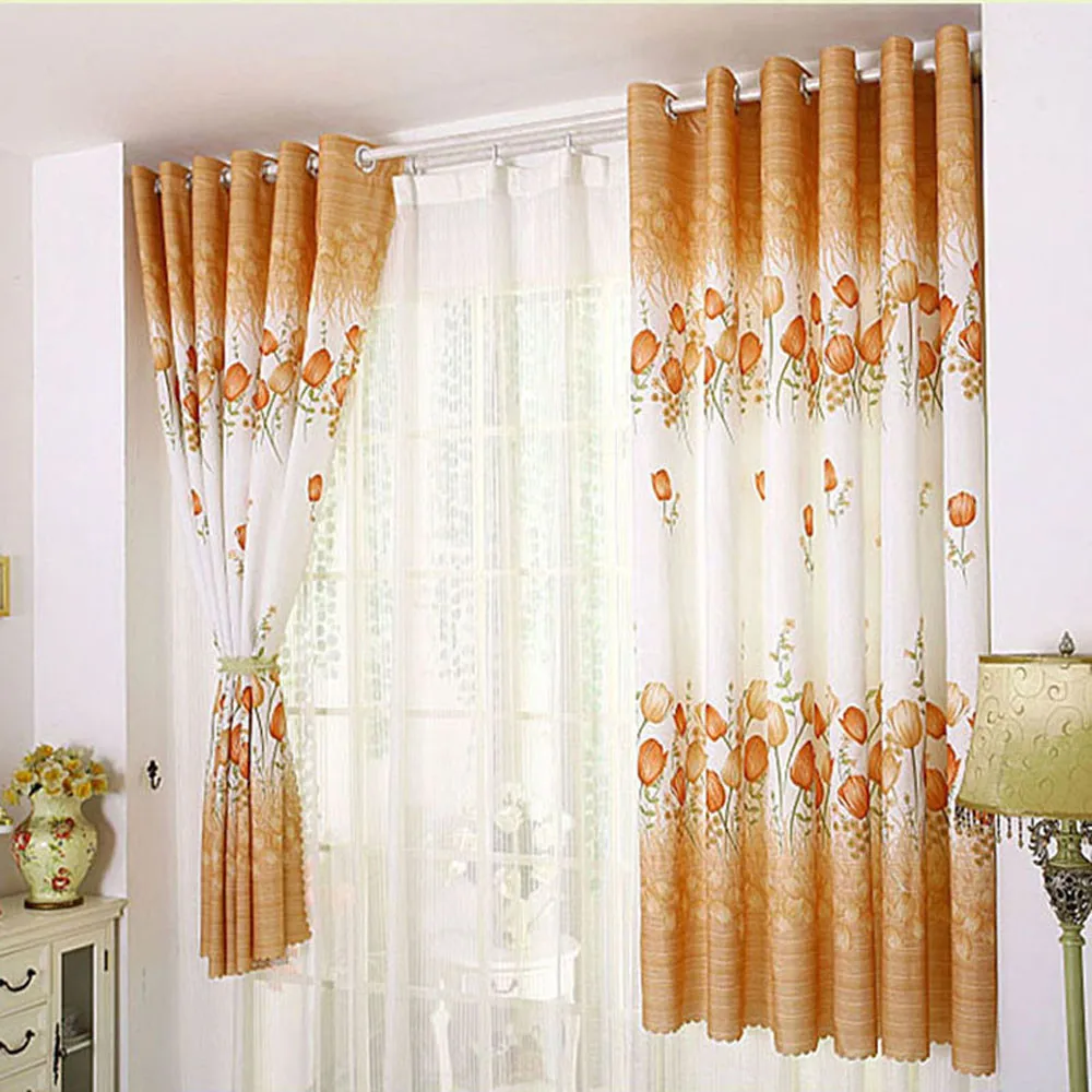 Tulip Flower Pattern Calico Curtains Bedroom Decor Balcony Translucent