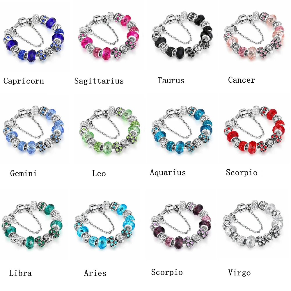 Европейский и американский 12 Созвездие серебряные браслеты и браслеты для женщин Кристалл Стекло Пан амулет, браслет в винтажном стиле ювелирные изделия