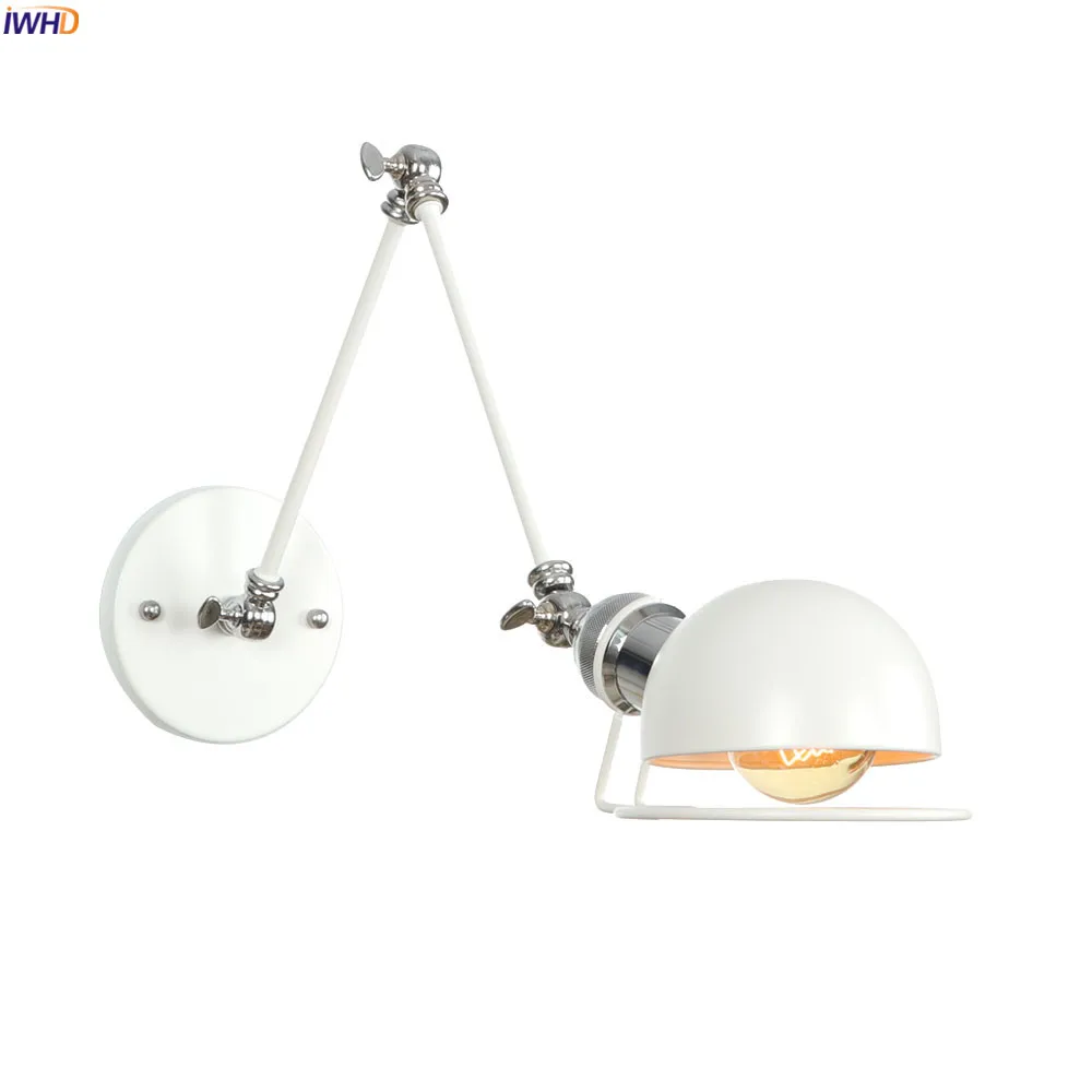 

IWHD White Adjustable Swing Long Arm Wall Light Fixtures Bedroom Stair Bathroom Edison Loft Vintage Wall Lamp Sconce Lighting