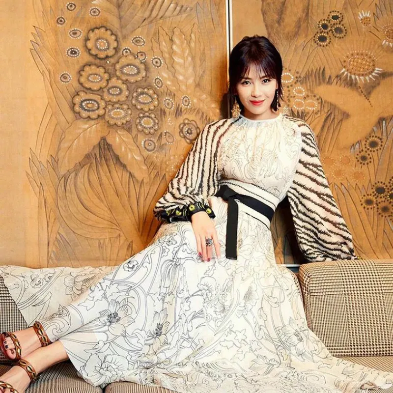 

Runway Women's Maxi Long Dresses Printed Florals Luxury Embroidery Dress With Corset Patchwork Full Sleeve Vintage Party Vestido